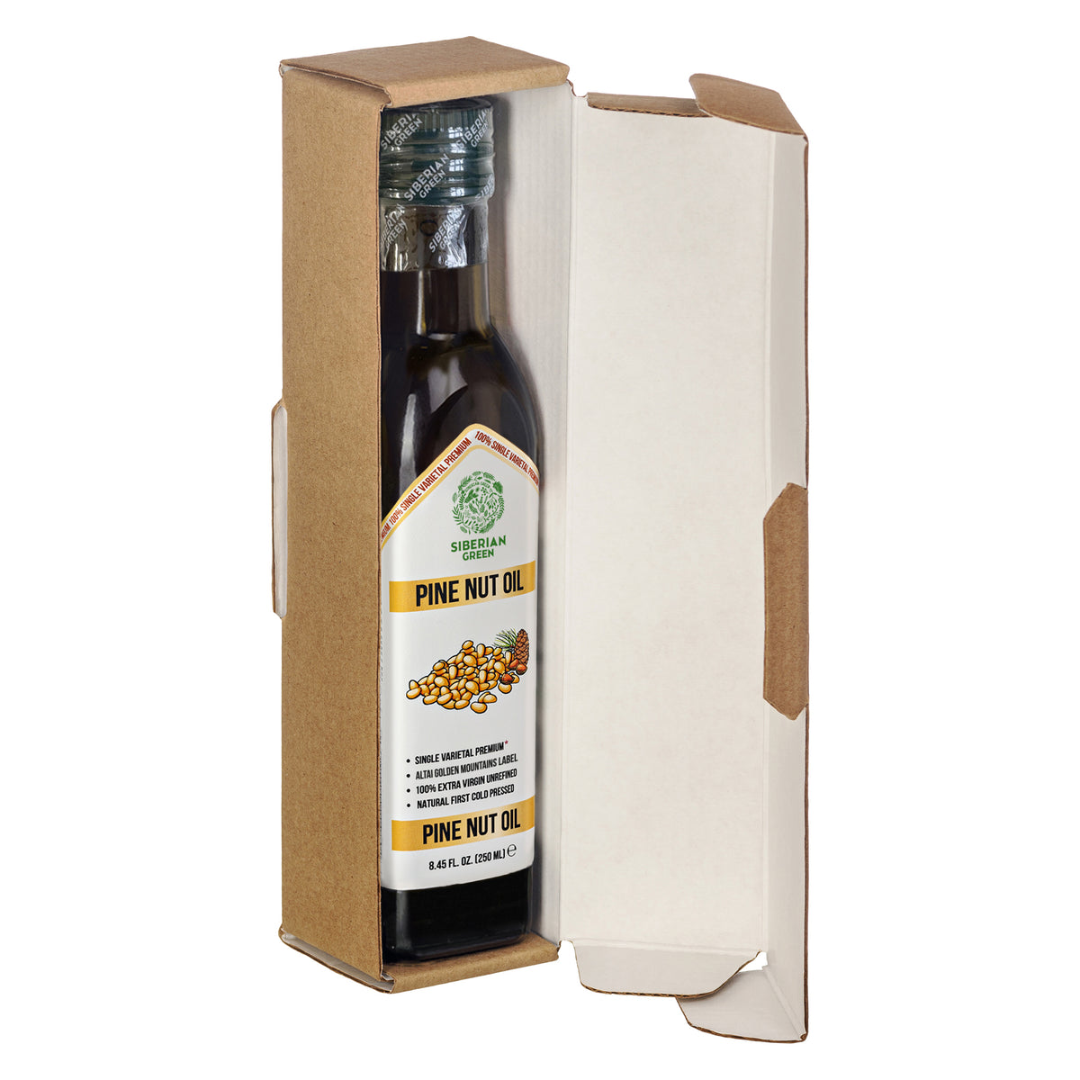 Aceite de Piñón Ecológico Verde Siberiano - Prensado en frío | Botella de cristal 250ml