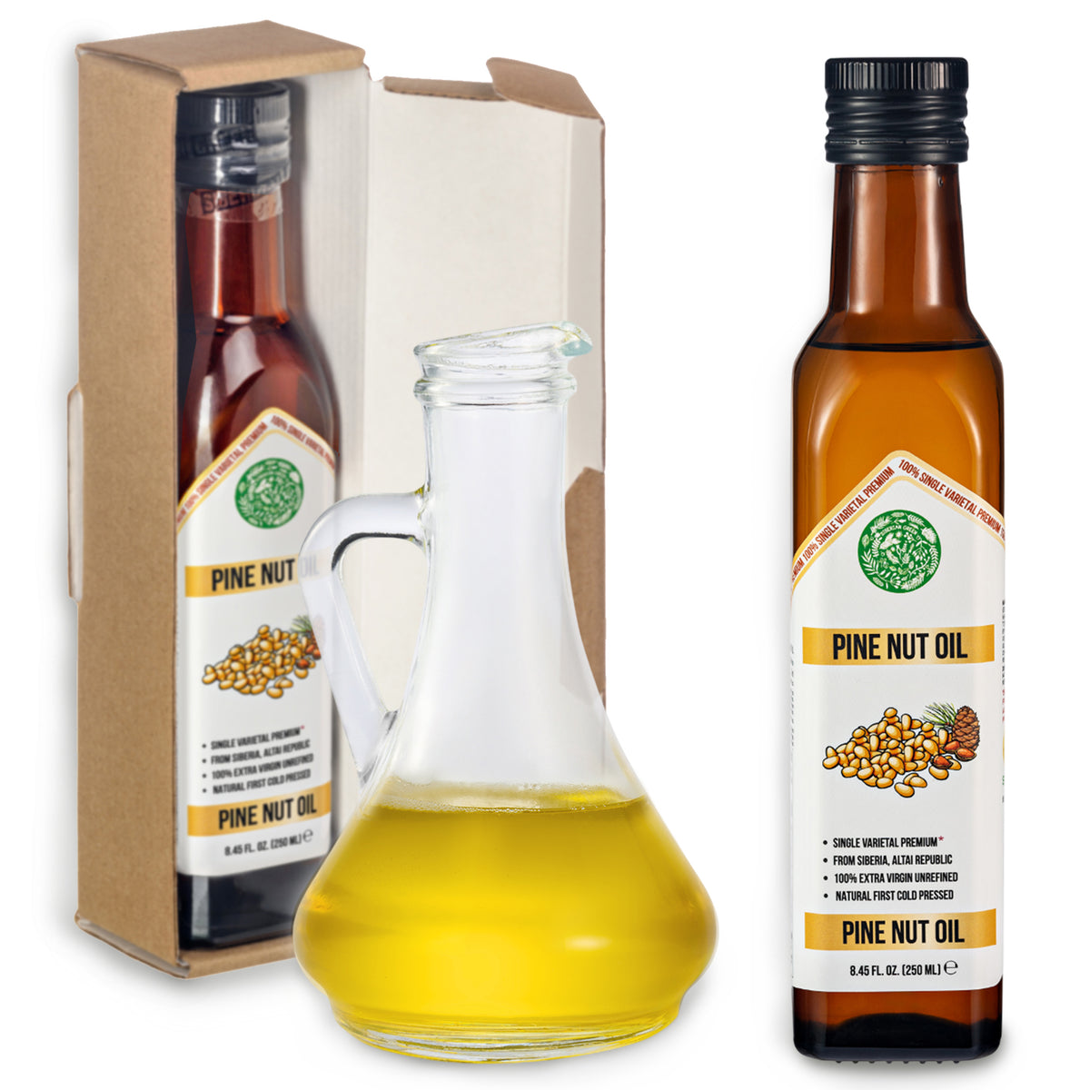 Aceite de Piñón Ecológico Verde Siberiano - Prensado en frío | Botella de cristal 250ml