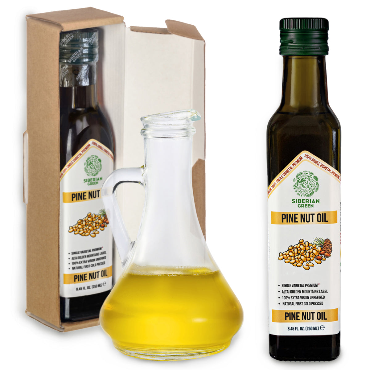 Aceite de Piñón Ecológico Verde Siberiano - Prensado en frío | Botella de cristal 250ml