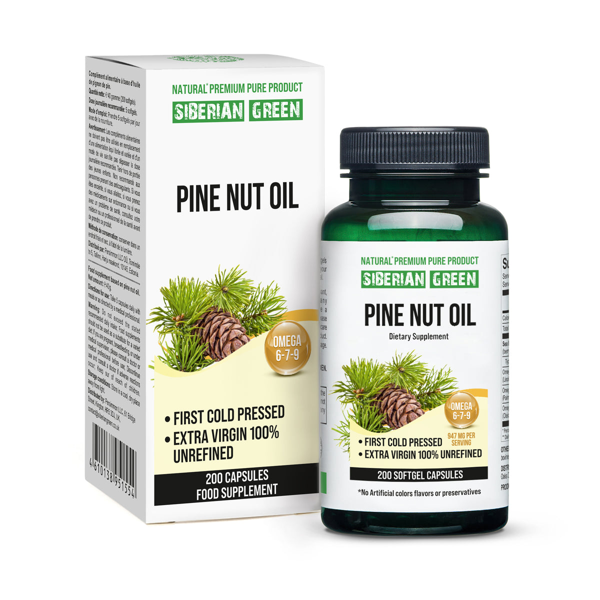 Cápsulas de aceite de nuez de pino siberiano - 200 cápsulas blandas | Recolectado en el bosque y prensado en frío