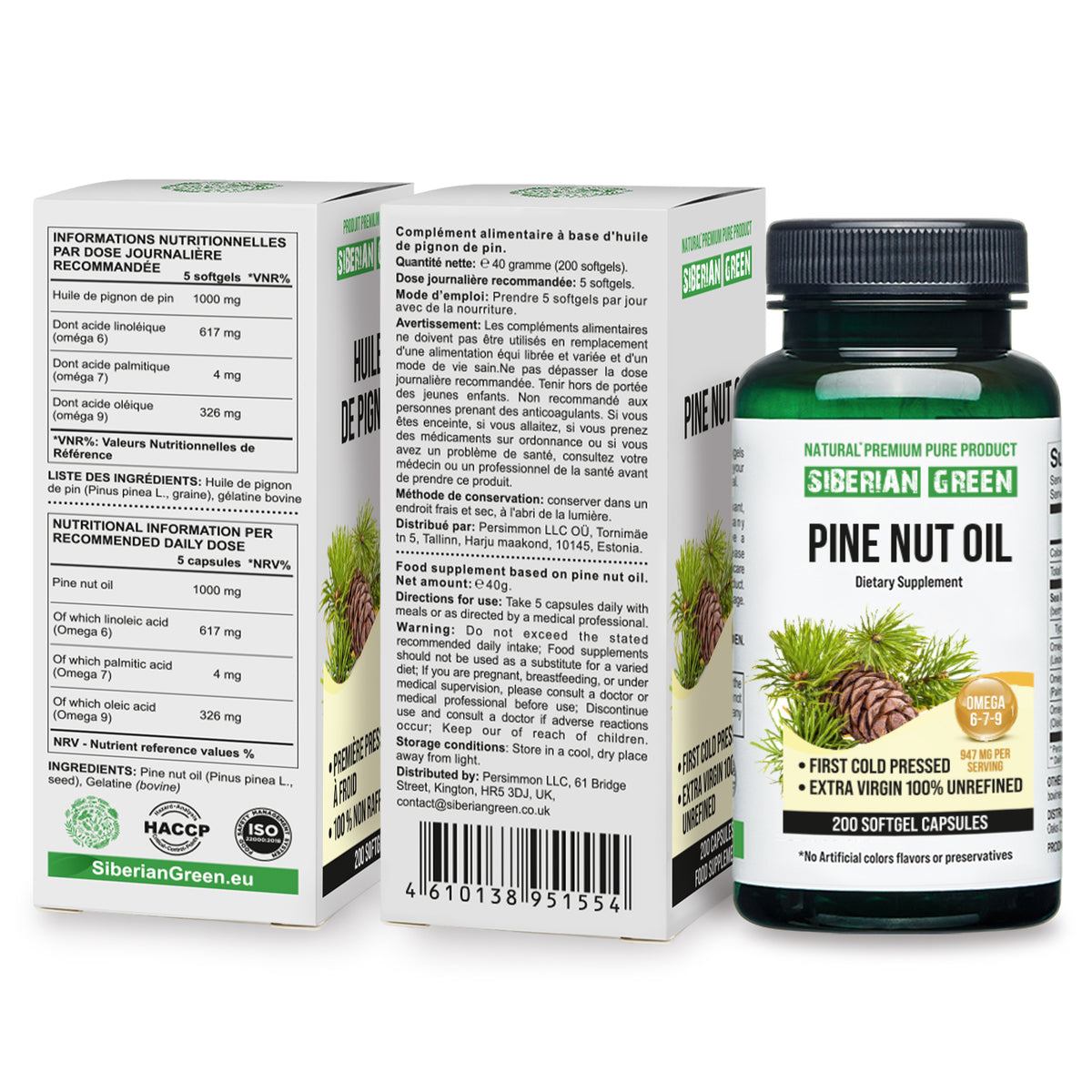 Cápsulas de aceite de nuez de pino siberiano - 200 cápsulas blandas | Recolectado en el bosque y prensado en frío