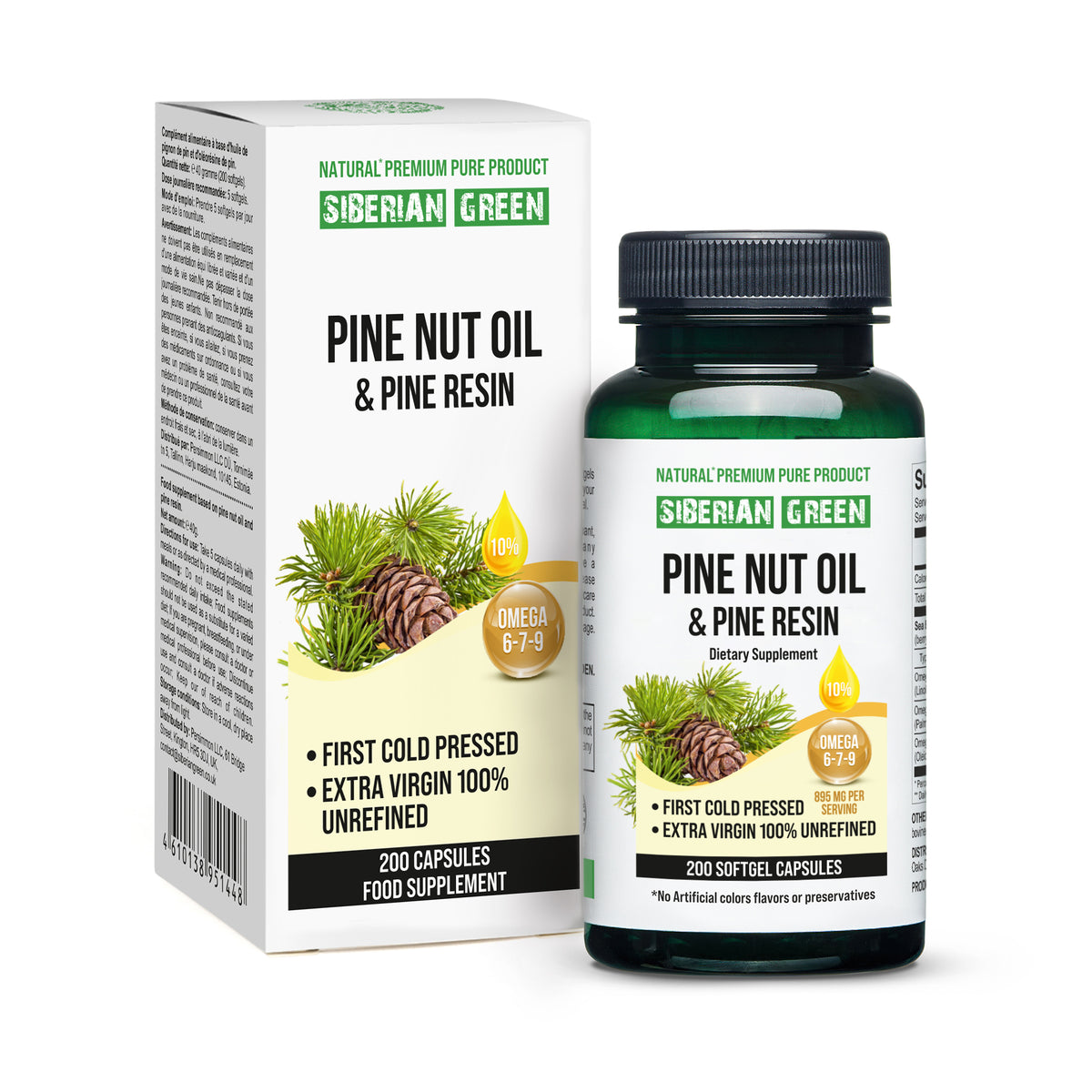 Cápsulas de aceite de nuez de pino siberiano con resina de pino - 200 cápsulas blandas
