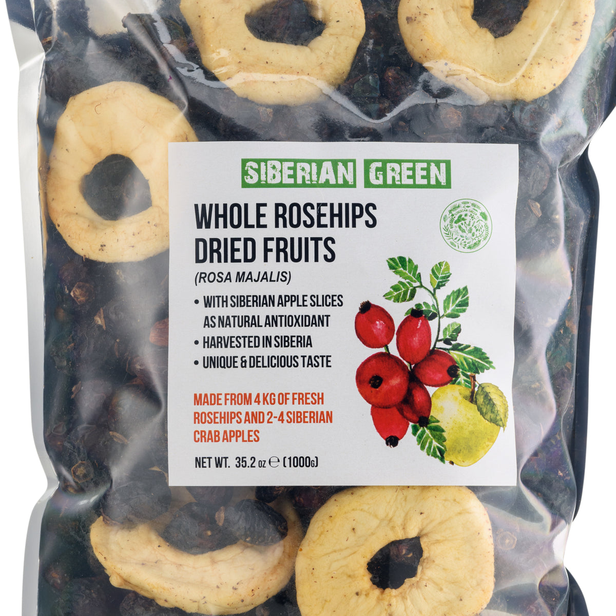 Semillas Enteras de Escaramujo Seco de Siberia con Rodajas de Manzana - 1 kg | Producto Natural Conservado con Nutrientes