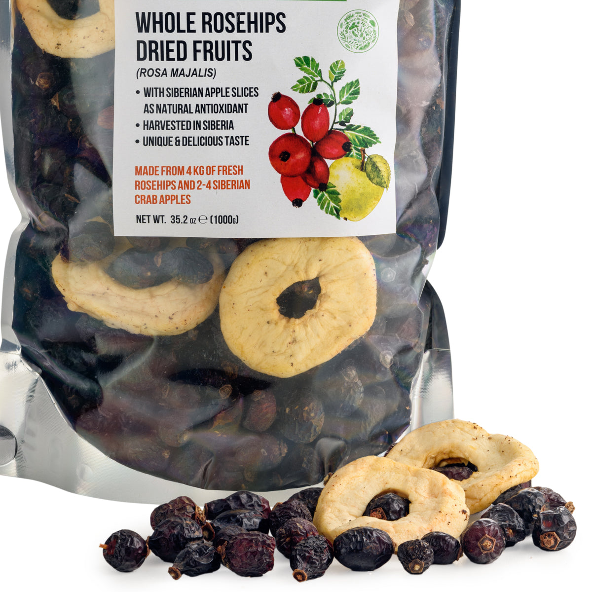 Semillas Enteras de Escaramujo Seco de Siberia con Rodajas de Manzana - 1 kg | Producto Natural Conservado con Nutrientes
