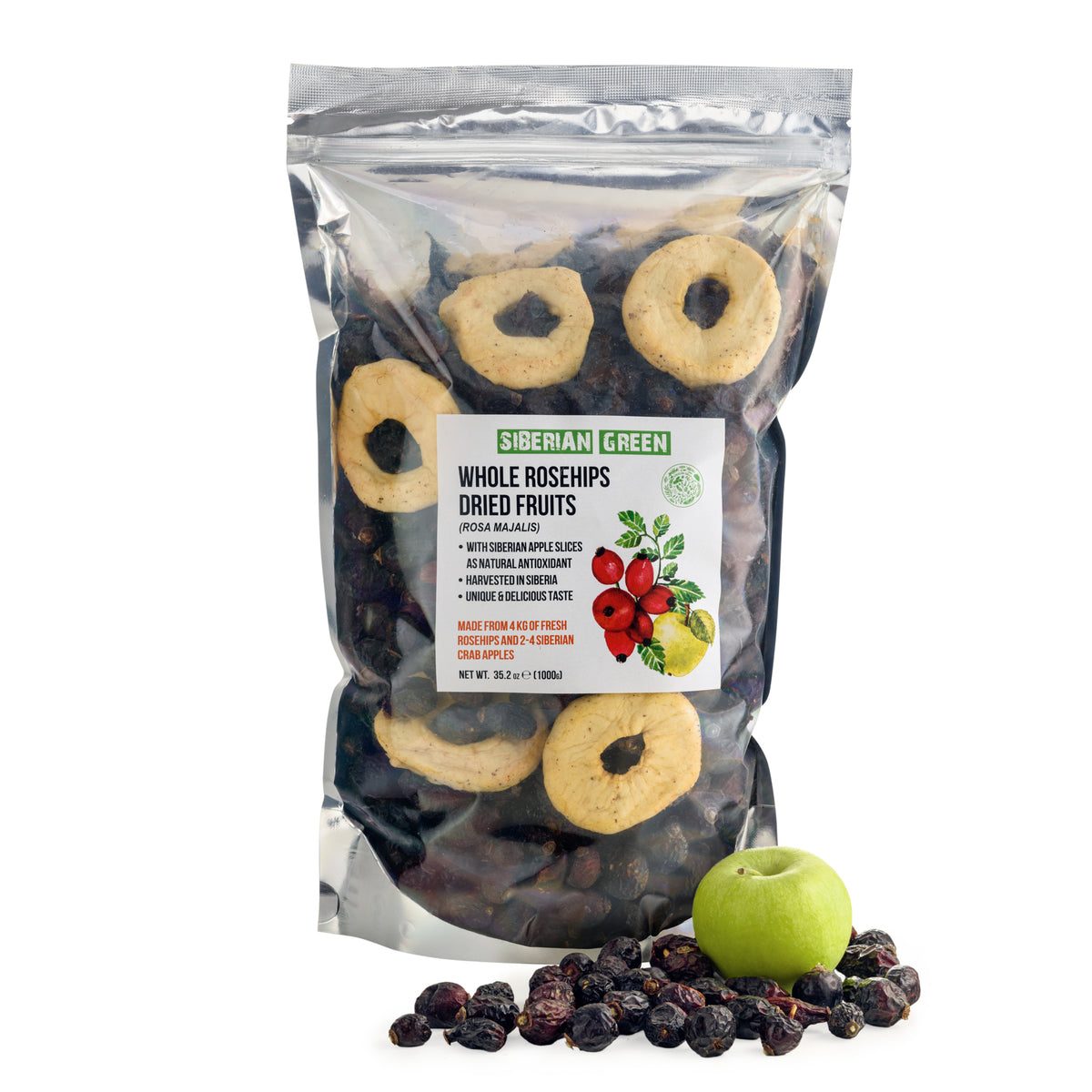 Semillas Enteras de Escaramujo Seco de Siberia con Rodajas de Manzana - 1 kg | Producto Natural Conservado con Nutrientes