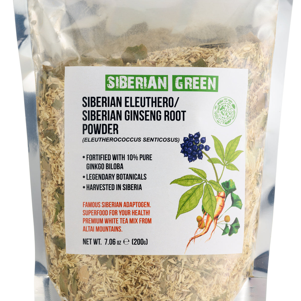 Raíz de Ginseng Siberiano en Polvo con Ginkgo Biloba - 200g | Raíz de Eleuthero 100% Natural de Altai Taiga