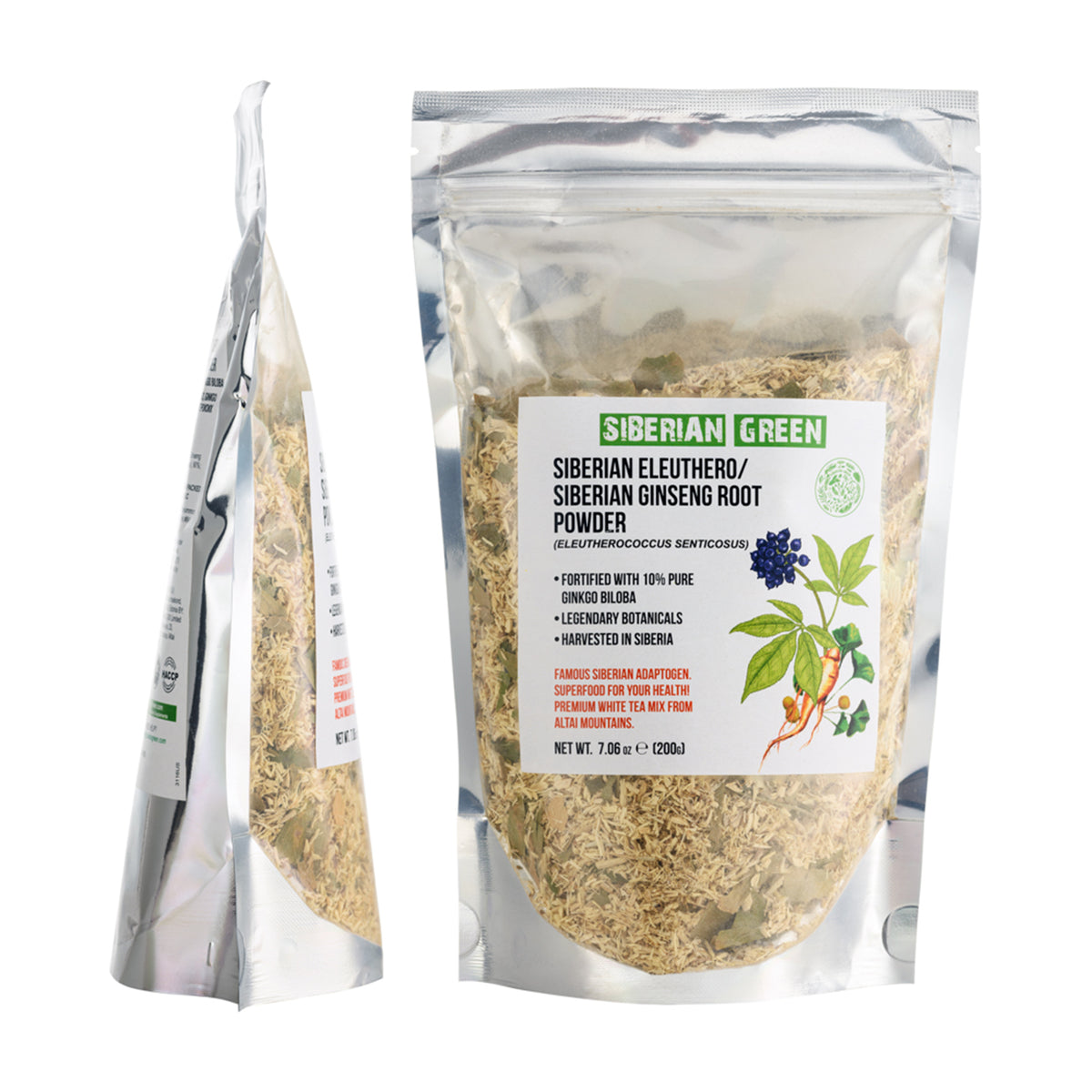 Raíz de Ginseng Siberiano en Polvo con Ginkgo Biloba - 200g | Raíz de Eleuthero 100% Natural de Altai Taiga