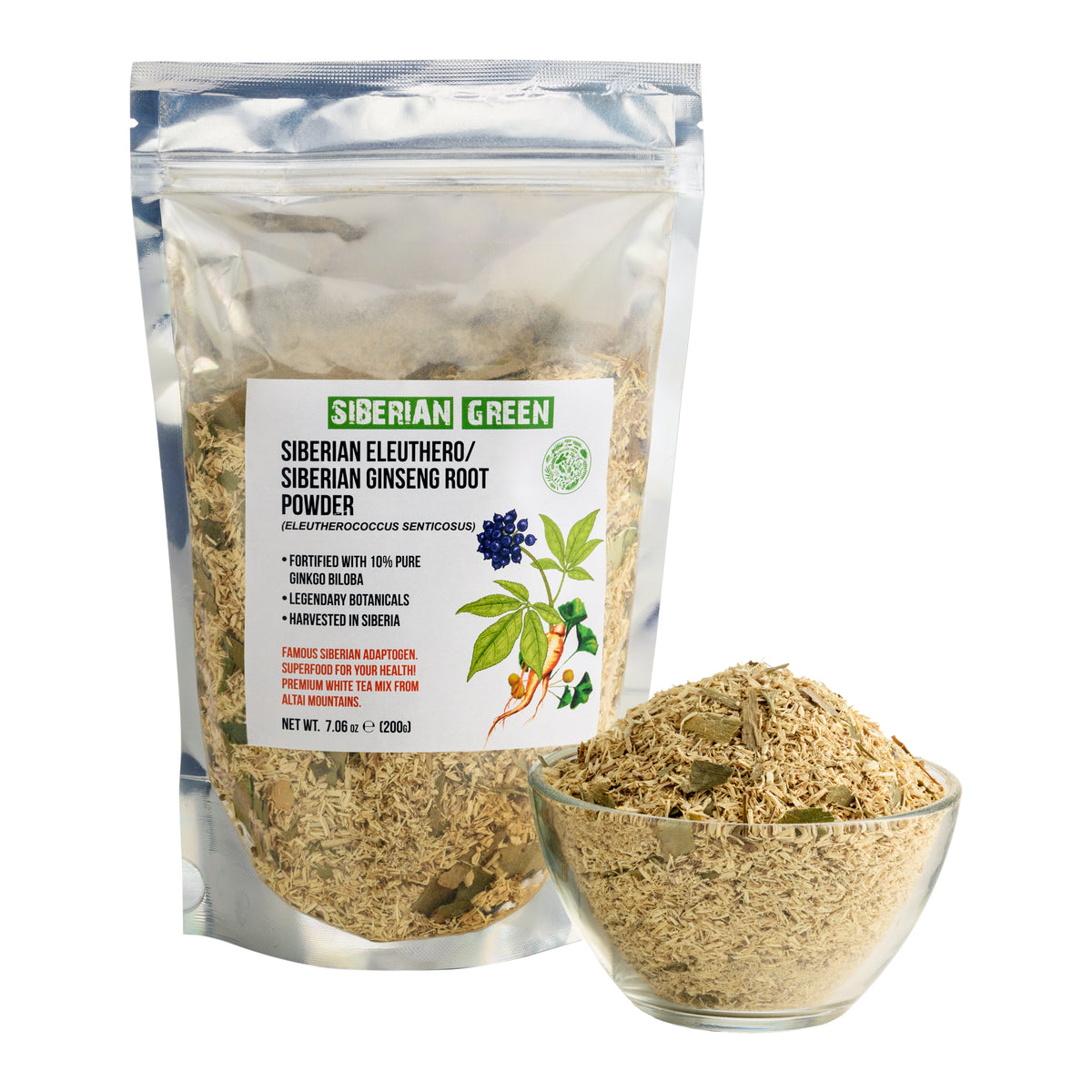 Raíz de Ginseng Siberiano en Polvo con Ginkgo Biloba - 200g | Raíz de Eleuthero 100% Natural de Altai Taiga