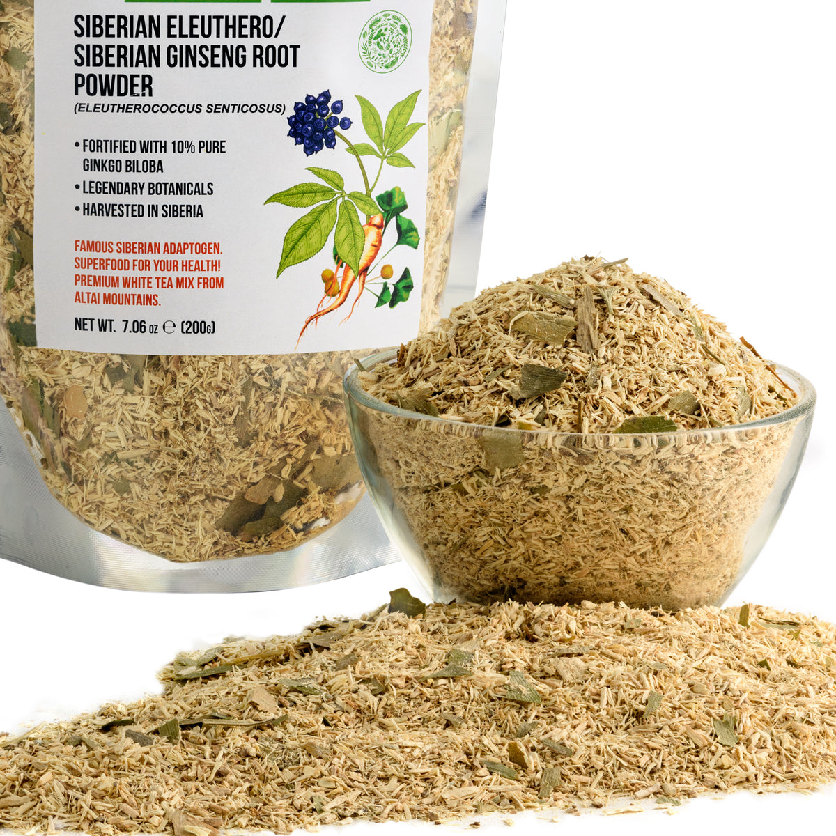 Raíz de Ginseng Siberiano en Polvo con Ginkgo Biloba - 200g | Raíz de Eleuthero 100% Natural de Altai Taiga