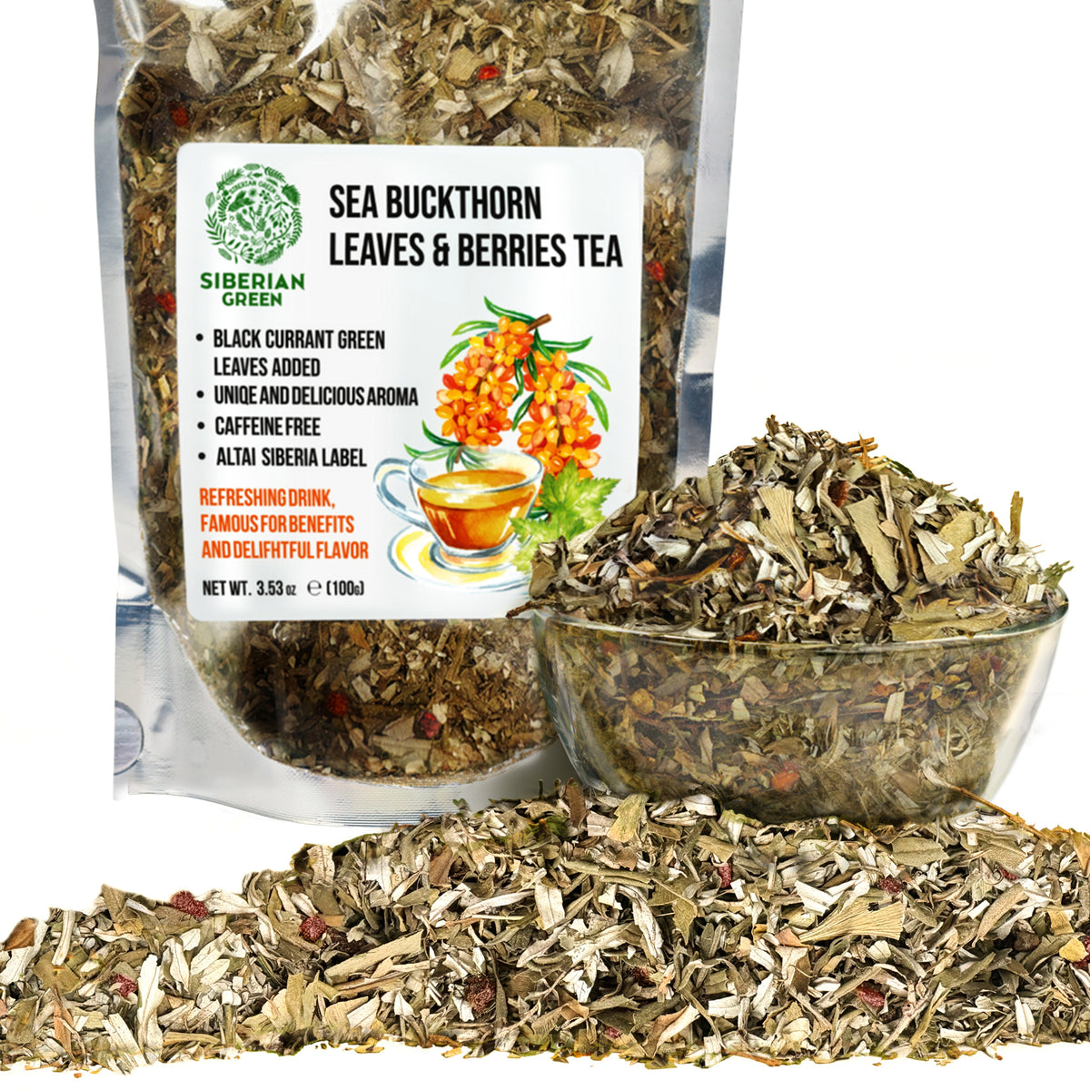Siberian Green Sea Buckthorn & Black Currant Leaf Tea - 100g Sun-Dried Herbal Blend