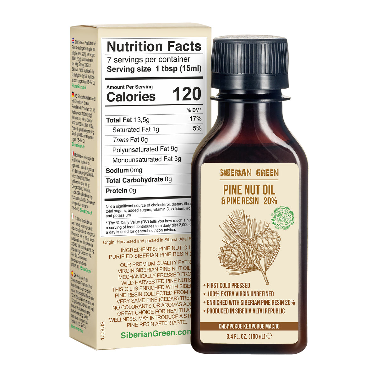 Aceite de Nuez de Pino Siberiano con Resina de Cedro - 100ml | 100% Natural & Cold Pressed