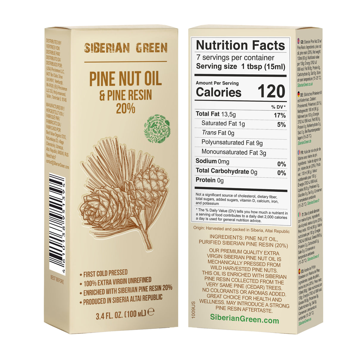 Aceite de Nuez de Pino Siberiano con Resina de Cedro - 100ml | 100% Natural & Cold Pressed
