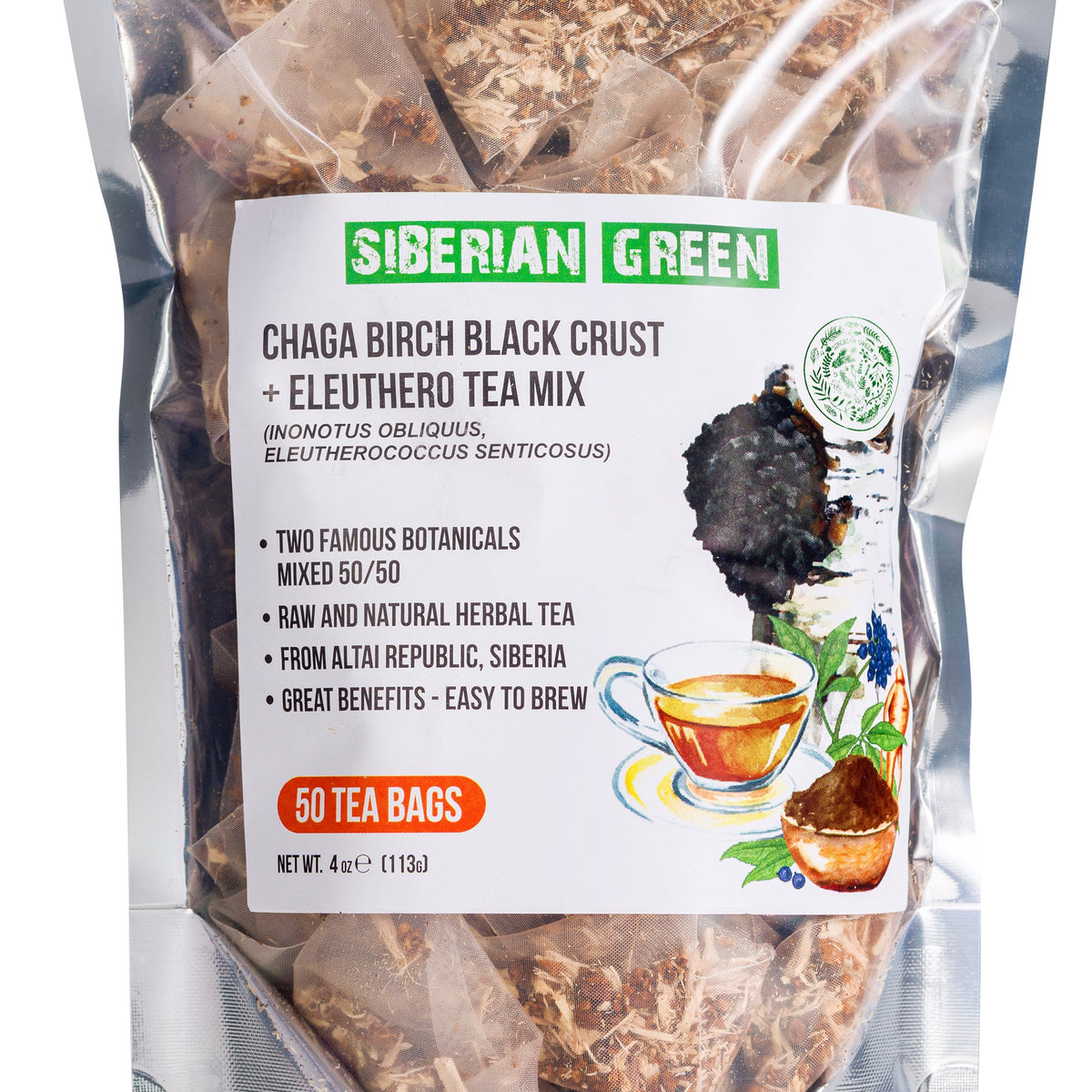 Detalle de las bolsitas de té de Chaga con raíz de Eleuthero