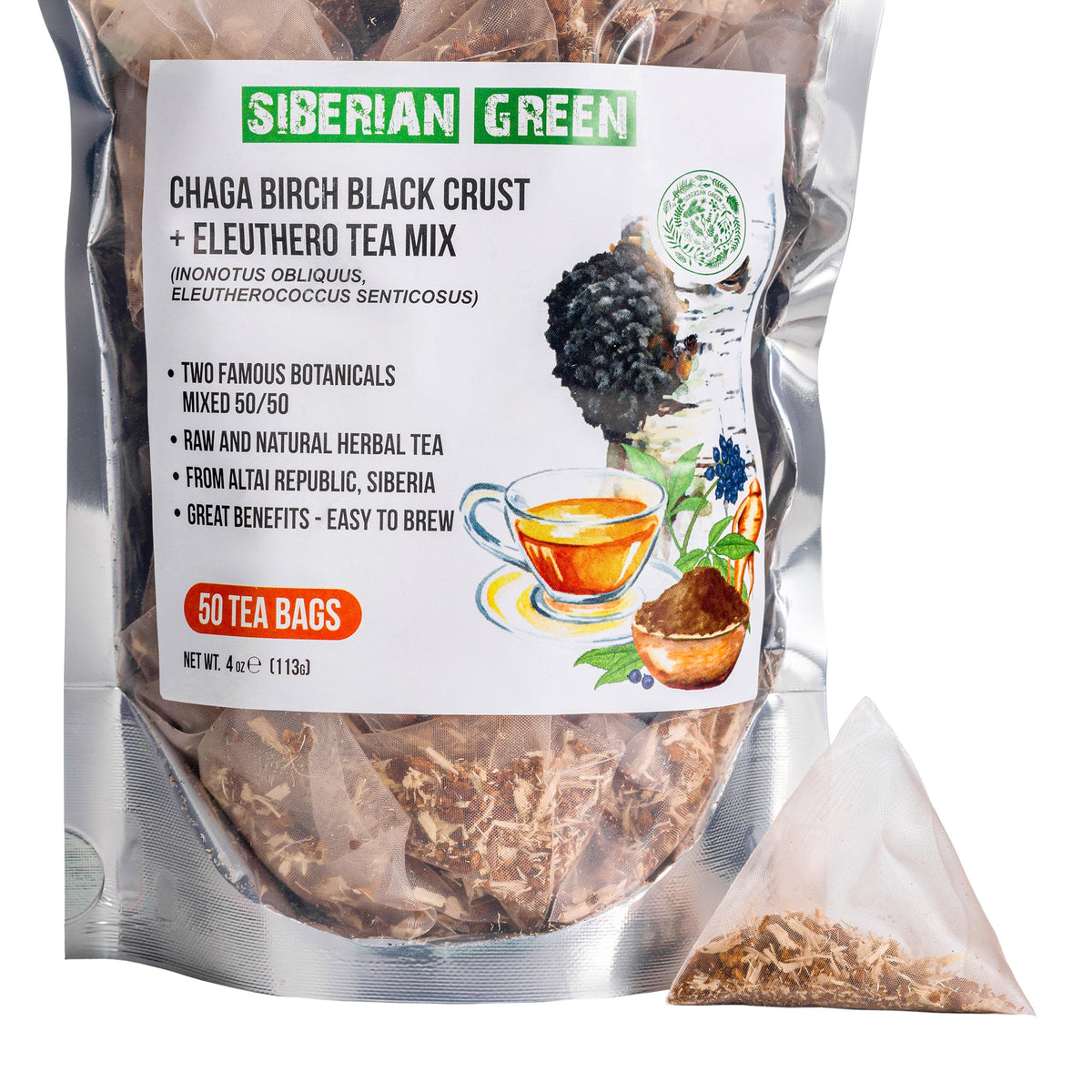 Té verde de Chaga siberiano con raíz de Eleuthero envasado