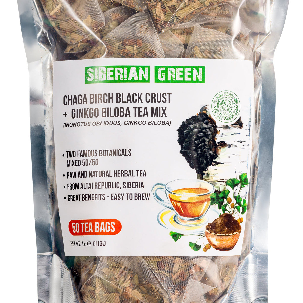 Primer plano de bolsitas de té de Ginkgo Biloba y Chaga