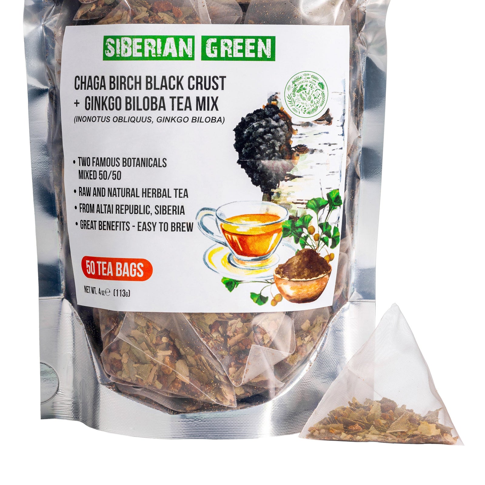 Té verde siberiano de Ginkgo Biloba con envase de Chaga