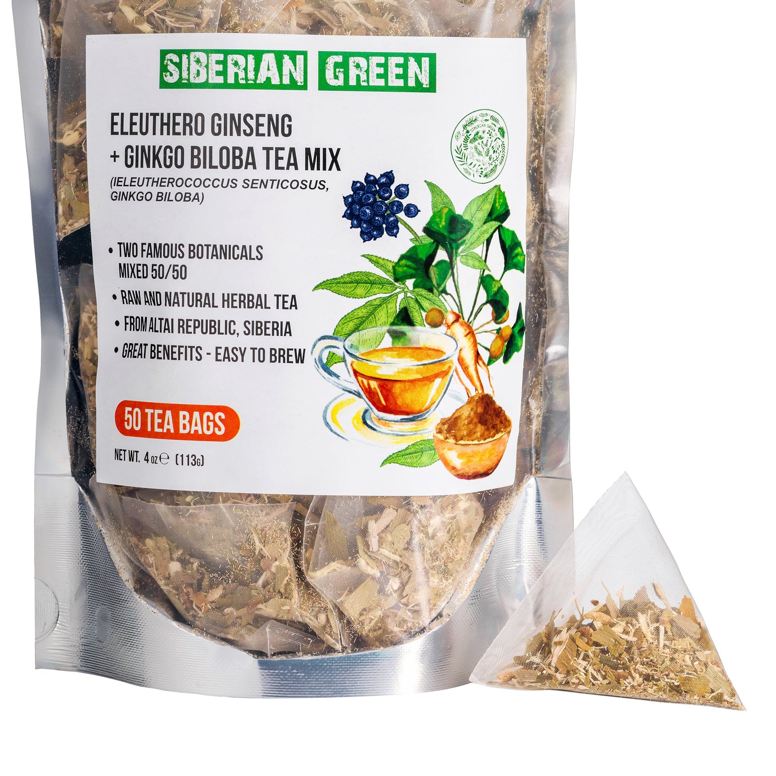 Té Verde Siberiano Ginkgo Biloba y Raíz de Eleuthero - Paquete de 50 bolsitas