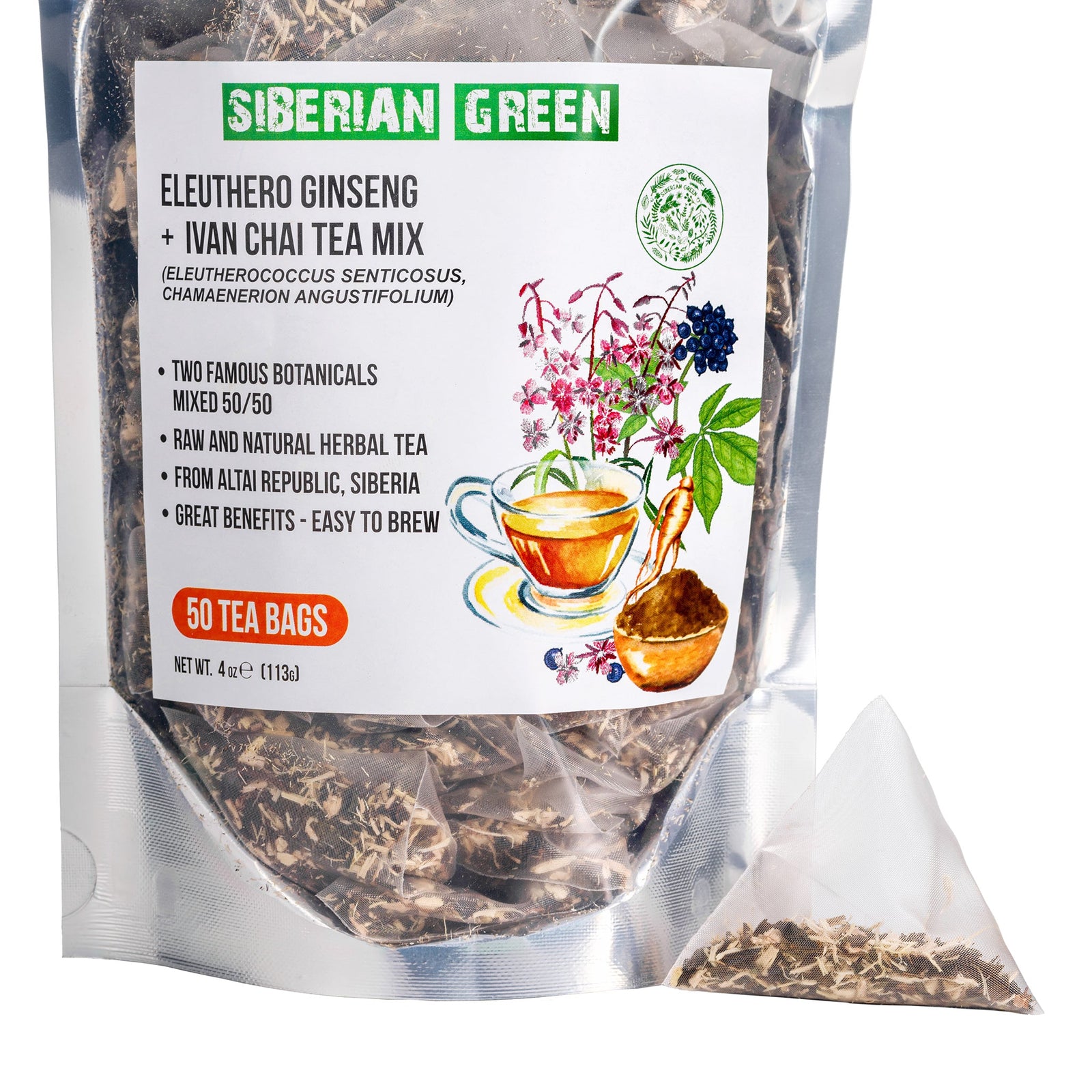 Siberian Green Eleuthero Root & Ivan Tea - Paquete de 50 bolsitas de té