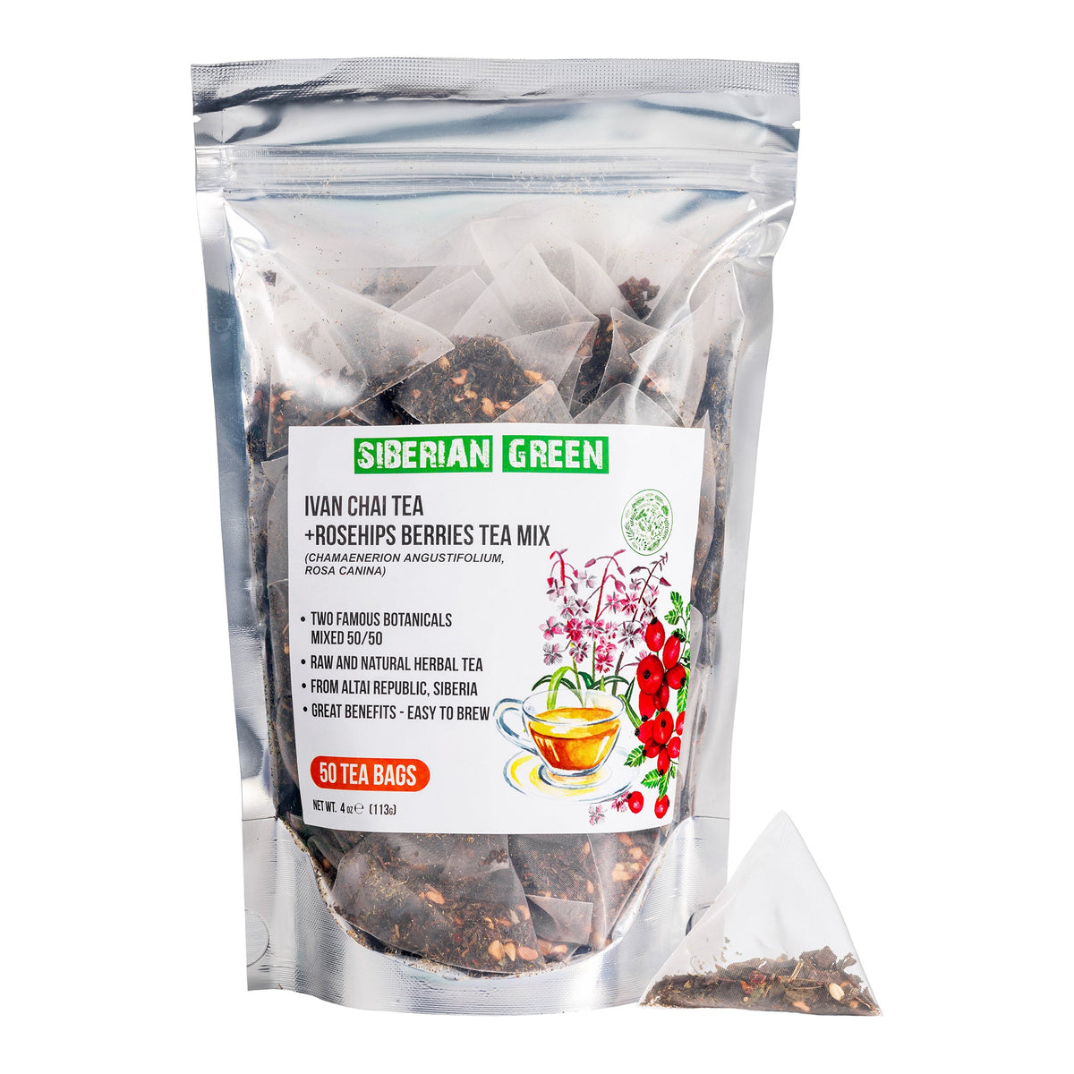 Bolsitas de té verde siberiano Ivan Chai con rosa mosqueta