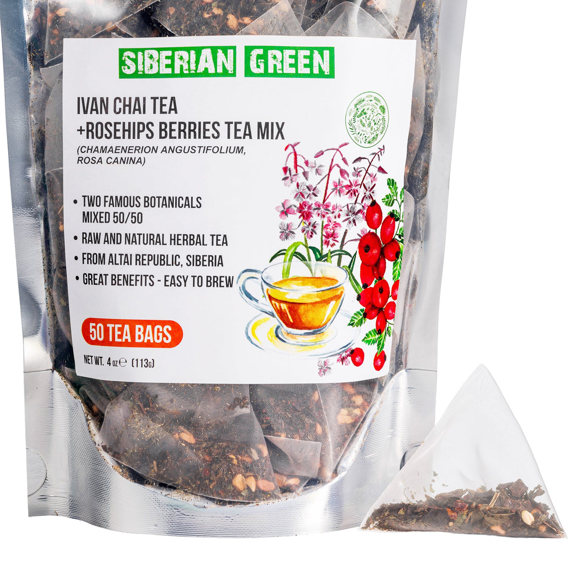 Envase de té verde siberiano Ivan Chai rosa mosqueta