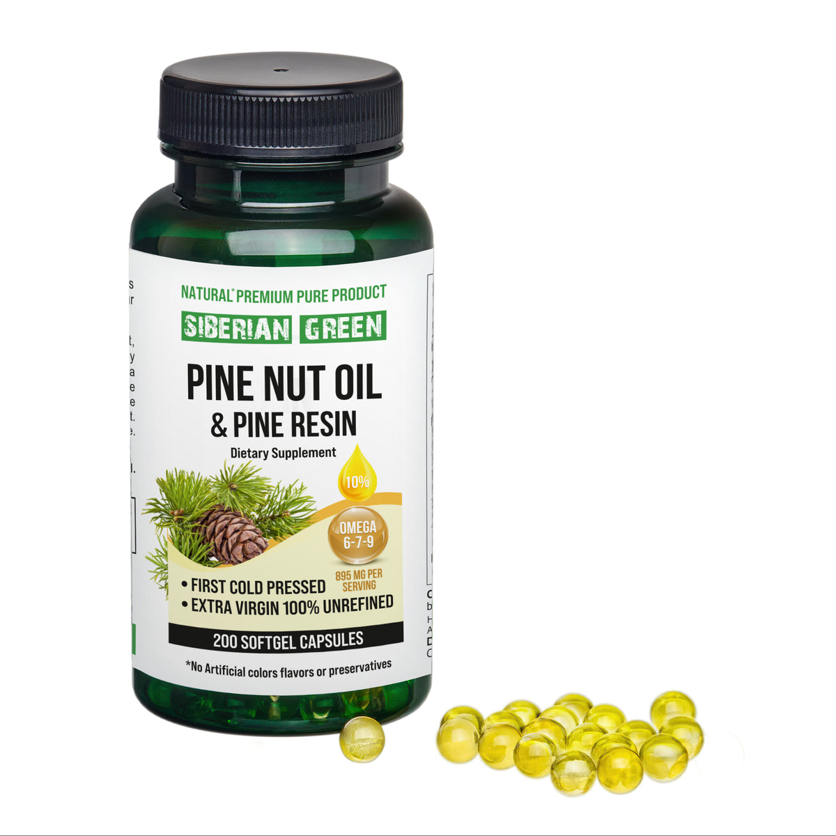 Cápsulas de aceite de nuez de pino siberiano con resina de pino - 200 cápsulas blandas