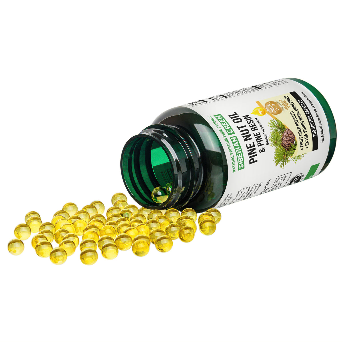 Cápsulas de aceite de nuez de pino siberiano con resina de pino - 200 cápsulas blandas