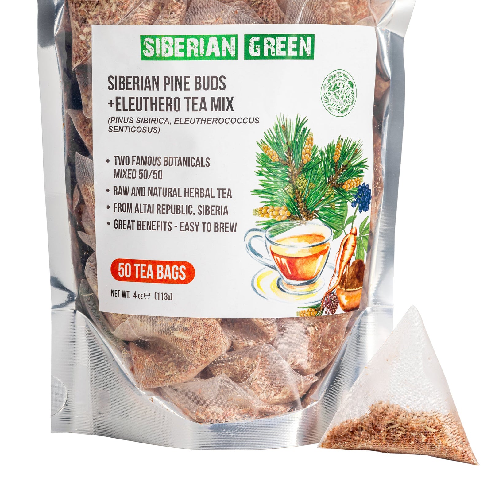 Té de raíz de eleuthero siberiano y brotes de pino 